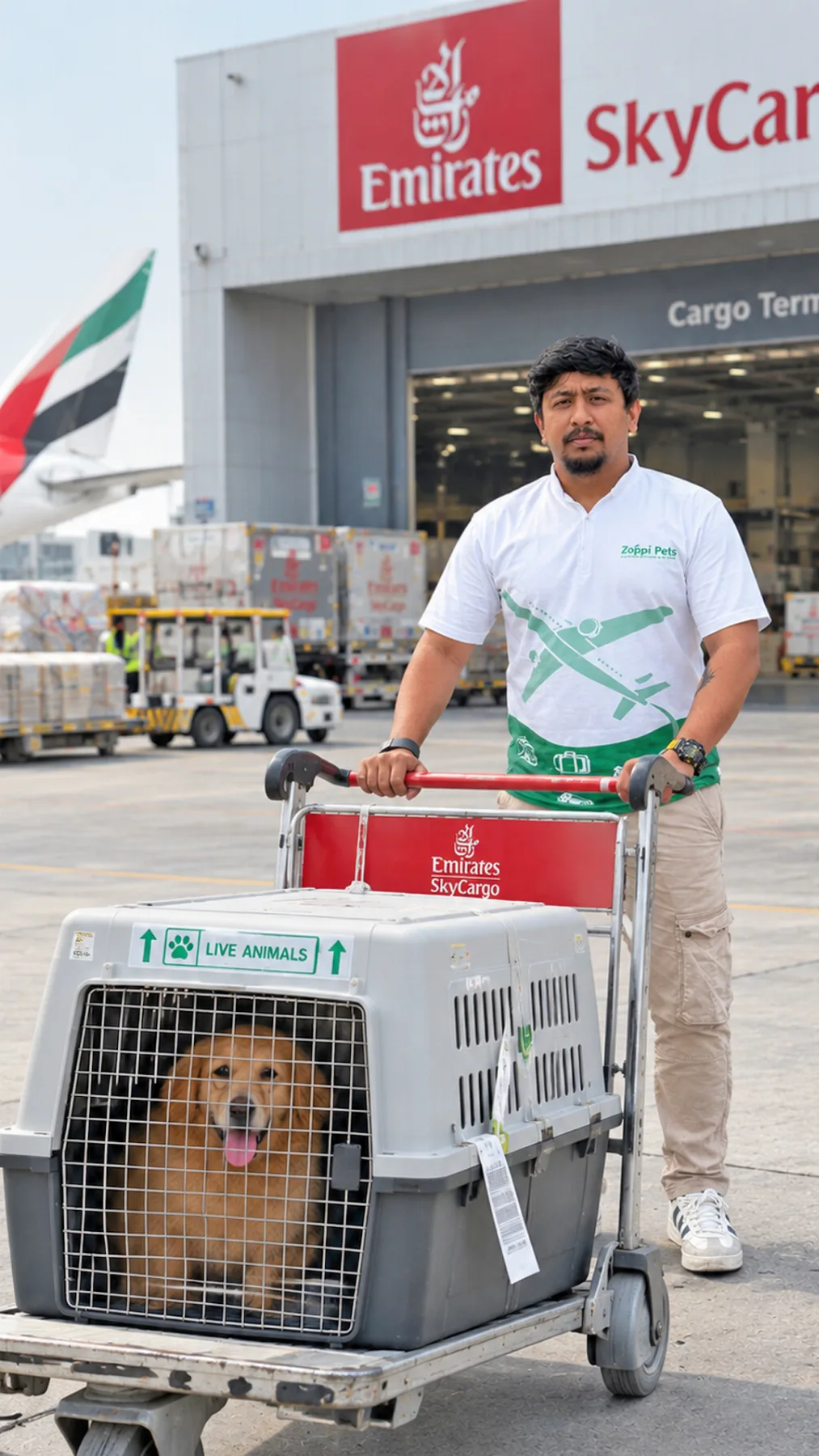 Zoppi Pets handler with a golden retriever in a travel crate at Emirates SkyCargo